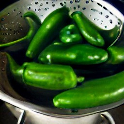 the jalapeno peppers are rinsed and drained in a colander.