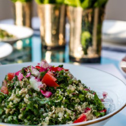 

Tabbouleh salad is a vegan, eggs-free, nuts-free, soy-free and lactose-free Arabic/Middle Eastern light and healthy recipe made of parsley, spring onions tomatoes lemons and bulgur.