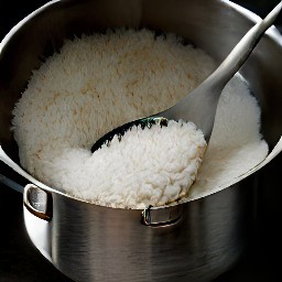 a pot of basmati rice that has been cooked for 10 minutes and then drained in a colander.