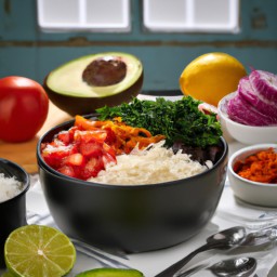 
A delicious and healthy lactose-free, gluten-free, egg-free, nut-free Mexican lunch with basmati rice, black beans, kale avocados and red onions.