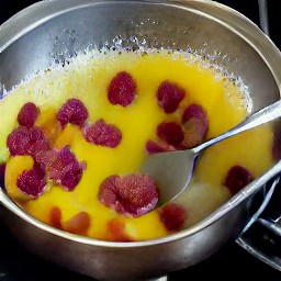 a mixture of crushed peaches, minced raspberries, granulated sugar, liquid pectin and almond extract.