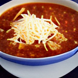 the soup is transferred to a bowl and then topped with sour cream, tabasco, grated cheese, and crushed tortilla chips.
