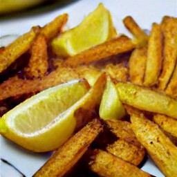 a plate of oven-baked fries sprinkled with salt and lemon wedges.