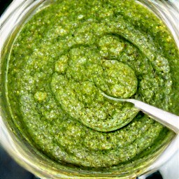 a smooth paste made from toasted pine nuts, peeled garlic, shredded parmesan cheese, basil, and salt.