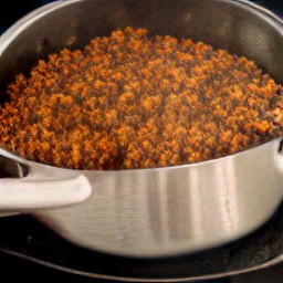 a savory saucepan dish with onions, green bell peppers, tomato sauce, chili powder, soy sauce, yellow mustard, granulated sugar and soy protein.