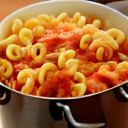 a pot of macaroni and tomato soup.