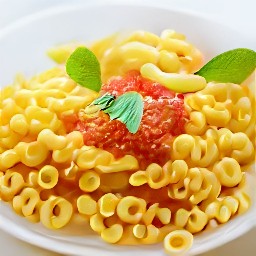 the pasta with tomatoes is transferred to a serving plate.