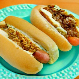 a hot dog with melted cheese and caramelized onions.