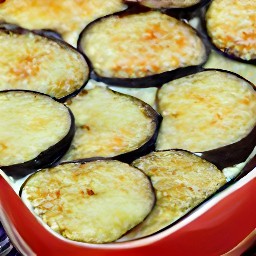 a dish with two layers of eggplant, spaghetti sauce, and cheese.