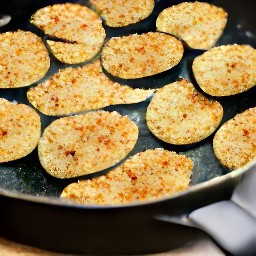 the breaded eggplants are cooked in a skillet pan with olive oil for 2 minutes.
