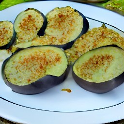 the eggplant slices are coated with breadcrumbs.