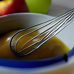 a bowl containing a mixture of olive oil, granulated sugar, and applesauce.