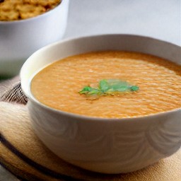 a bowl of red lentil soup, topped with chopped cilantro.