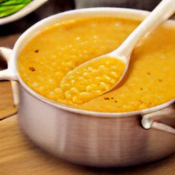 a soup that has been blended with a hand blender for 2 minutes, then had lemon juice added to it. the soup is then stirred with a wooden spoon and cooked for 10 minutes.