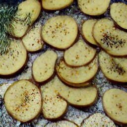 a tray of greased potato slices with dried dill, garlic, cayenne pepper, and garlic powder.