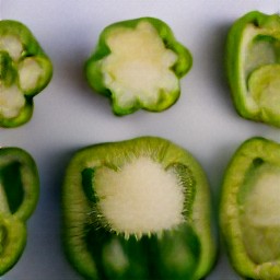 green bell peppers that have been cut into thin slices with a knife.