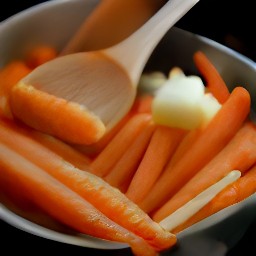 a casserole dish containing carrots and butter that have been combined and stirred with a wooden spoon.
