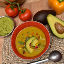 

This vegan, lactose-free, gluten-free and eggs-free spiced veggie soup is a delicious dinner option made of onions, red bell peppers, black beans and avocados.