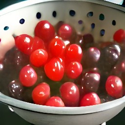 a colander full of rinsed and drained maraschino cherries.