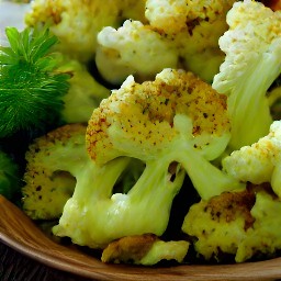 a plate of baked cauliflower with toasted pine nuts and parsley scattered on top.