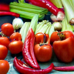 after peeling and chopping the onions and garlic, chop the celery sticks and tomatoes. deseed and chop the red bell peppers, green bell peppers, and red chili pepper.