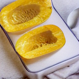 the seeds from the spaghetti squash halves have been removed.