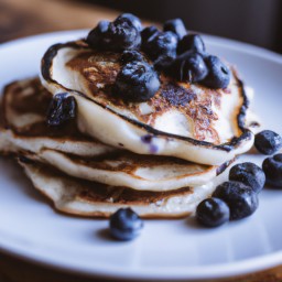 

These blueberry pancakes are a delicious, nuts-free and soy-free snack for kids made with all purpose flour, sugar, eggs, buttermilk and butter. They make the perfect fruity treat!