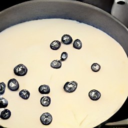 the blueberries are divided into the batter.