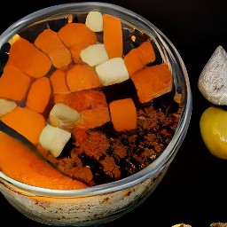 a mixture of jalapeno peppers, raisins, garlic, turmeric, cumin, cinnamon, granulated sugar cubes of pineapples onions carrots ginger lemon zest and lemon juice.