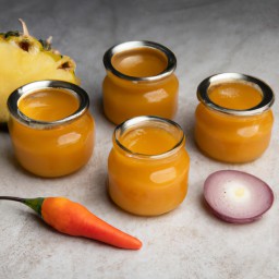 

This vegan, gluten-free, eggs-free, soy-free and lactose-free chili sauce is a delicious combination of pineapples, onions, raisins and granulated sugar boiled in vinegar.