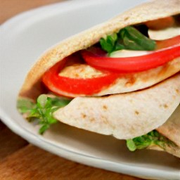 a halloumi cheese sandwich with fried halloumi cheese, sliced pitta bread, oregano leaves, lemon juice, tomatoes, and onions.
