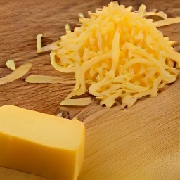 the cheddar cheese is shredded into small pieces.