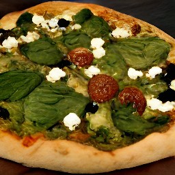 a pizza with pesto, artichoke hearts, sun-dried tomatoes, spinach leaves, black olives, feta cheese and mozzarella cheese.