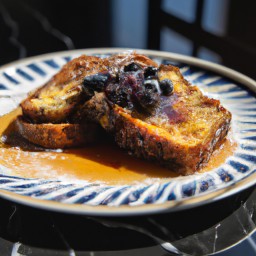 

This delicious, nuts-free blueberry french toast is the perfect brunch, snack or breakfast. Made from a loaf of bread, cream cheese, blueberries and eggs mixed with whole milk and maple syrup it's sure to delight.