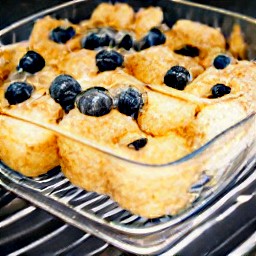 the blueberry french toast is cut into slices.