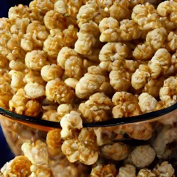 the caramel corn is transferred to a bowl.