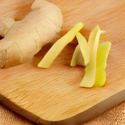 ginger that has been peeled and cut into strips.
