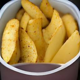 potato wedges in a plastic container with olive oil and black pepper.