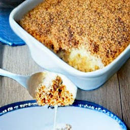 the breadcrumbs sprinkled over the mashed potato casserole.