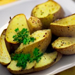 the squashed baked potato is transferred to a plate.