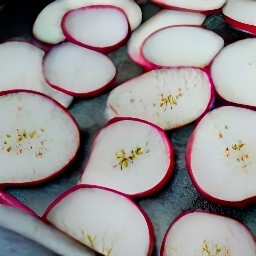 a cookie sheet with radish slices that have been sprayed with cooking spray, sprinkled with salt and black pepper.