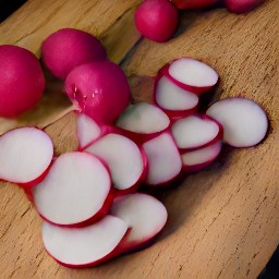the radishes are cut into thin slices.