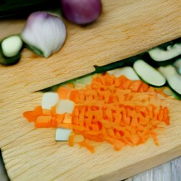 after peeling and slicing the onion, chop the carrots, celery sticks, thyme leaves, leeks, zucchini, basil leaves garlic cloves and savoy cabbage leaves.