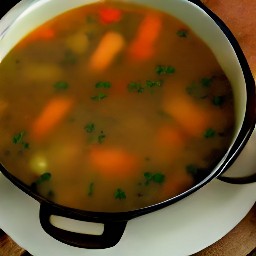 this action will result in rustic vegetable soup being divided into bowls.