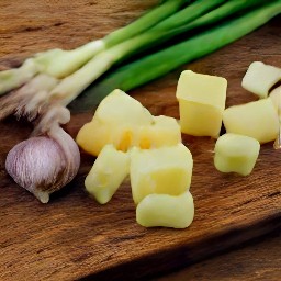 1-inch cubes of parmesan cheese, provolone cheese, peeled and minced garlic, chopped scallions, and basil.