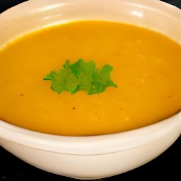 the lentil soup is transferred to a bowl.