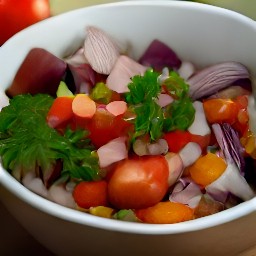 a bowl of mayonnaise, red wine vinegar, and yellow mustard that has been whisked for 2 minutes. there are also cherry tomato halves, chopped red onions, and chopped parsley in the bowl.
