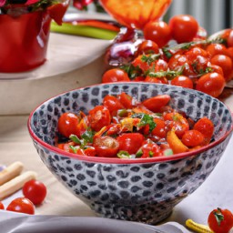 

This flavorful, cherry tomato salad is a great soy-free, gluten-free, nuts-free and lactose-free side dish or light recipe. It's made with mayonnaise and juicy cherry tomatoes.