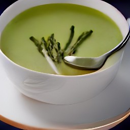 the asparagus soup is heated in a saucepan for 10 minutes. salt and black pepper are stirred in with a wooden spoon.