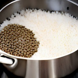 a pot of lentils and rice.